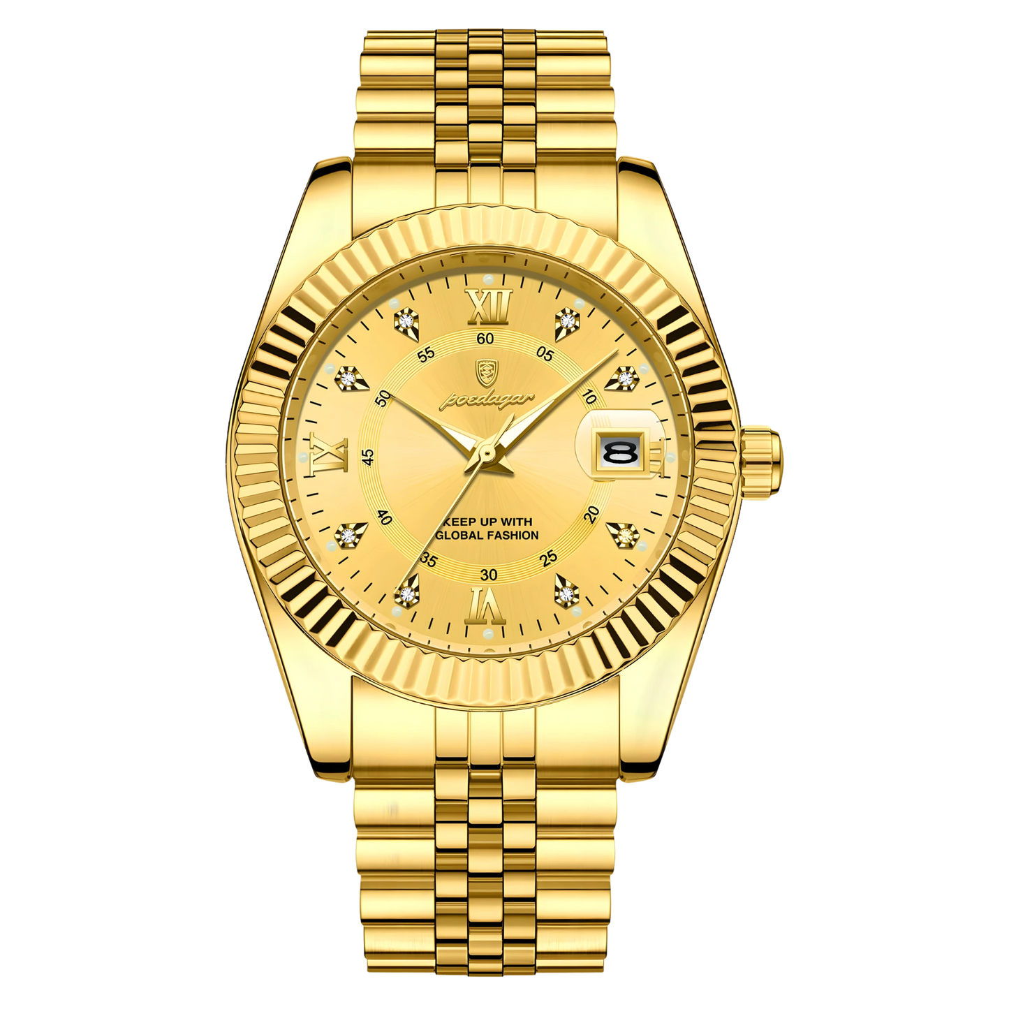 Gold wristwatch with a detailed face on a white background