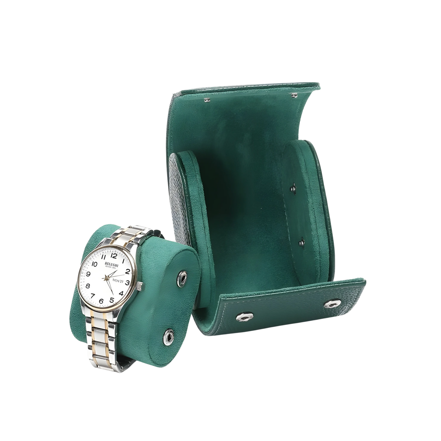 Green watch holder with a watch inside on a white background
