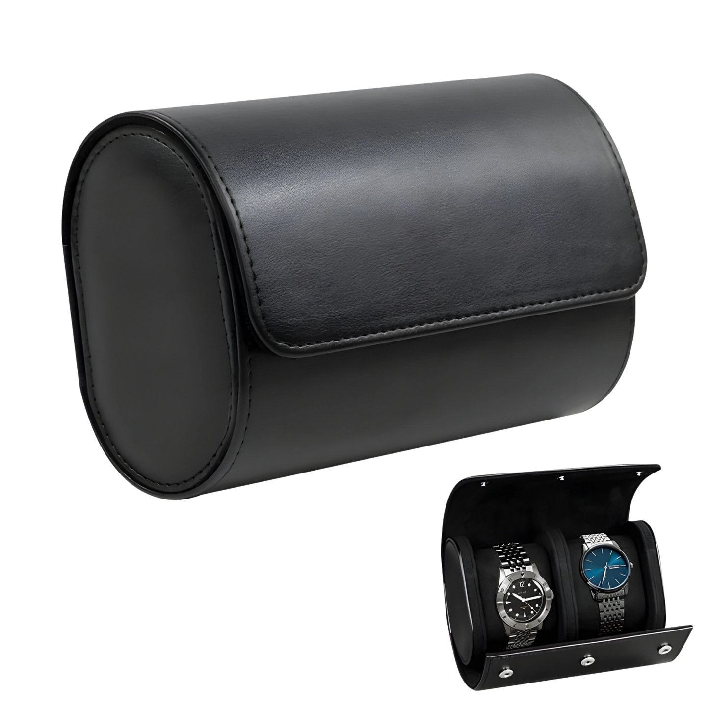 Black leather watch case with two watches displayed inside on a white background