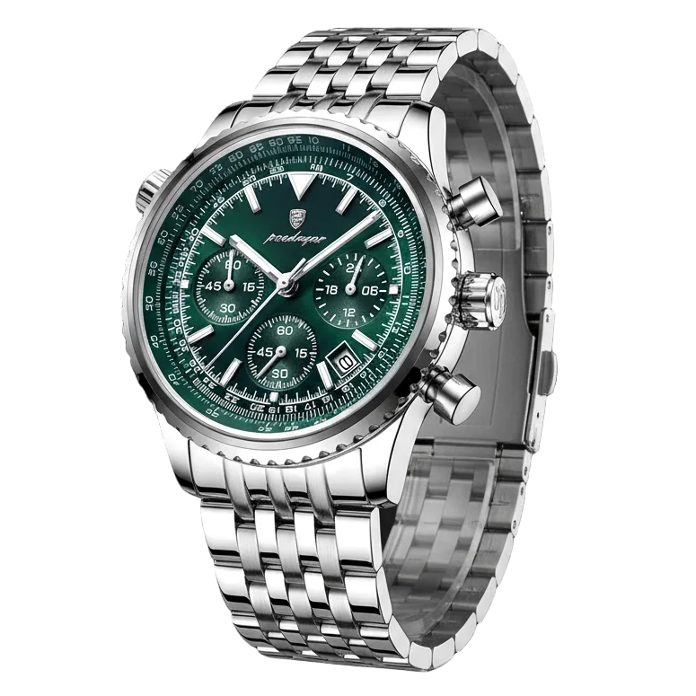 Luxury chronograph watch with green dial and silver bracelet, featuring multi-function subdials and aviation-inspired design