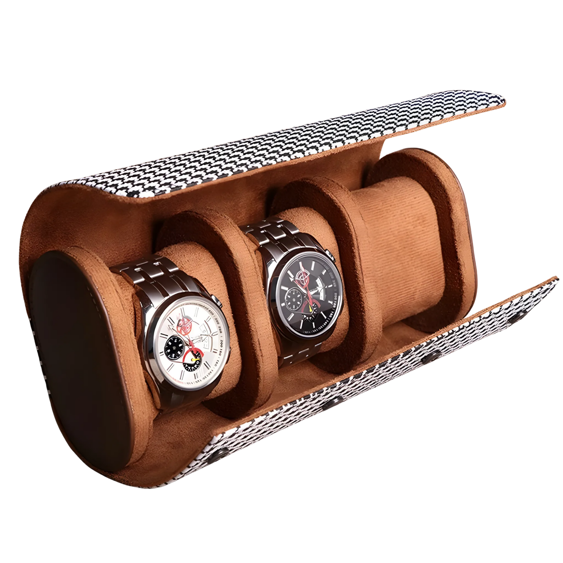 Heritage pattern watch roll travel case. Brown watch holder with two watches on a white background