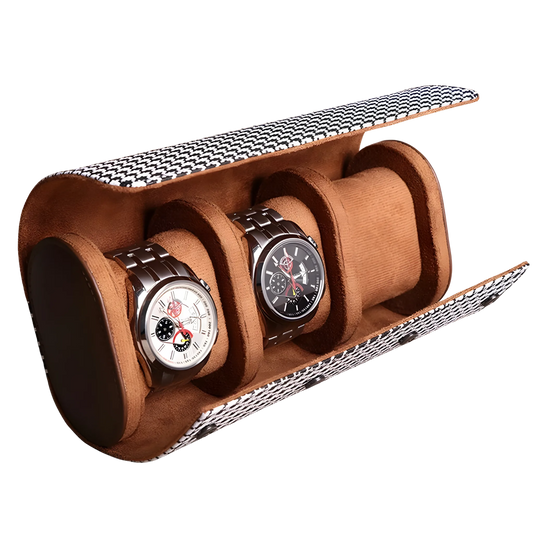 Heritage pattern watch roll travel case. Brown watch holder with two watches on a white background