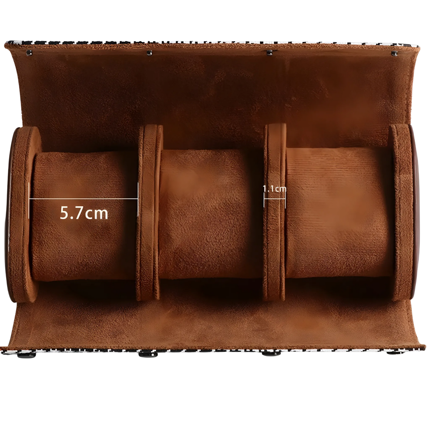 Watch roll storage case with removable pillows. Brown leather organizer with dimensions indicated on a white background