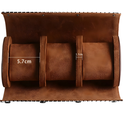 Watch roll storage case with removable pillows. Brown leather organizer with dimensions indicated on a white background