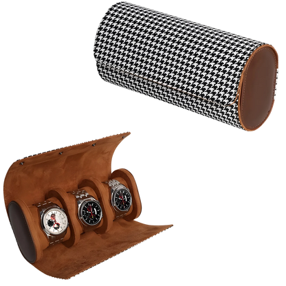 Heritage watch roll case for travel storage. Brown watch display case with three watches and a houndstooth-patterned lid on a white background