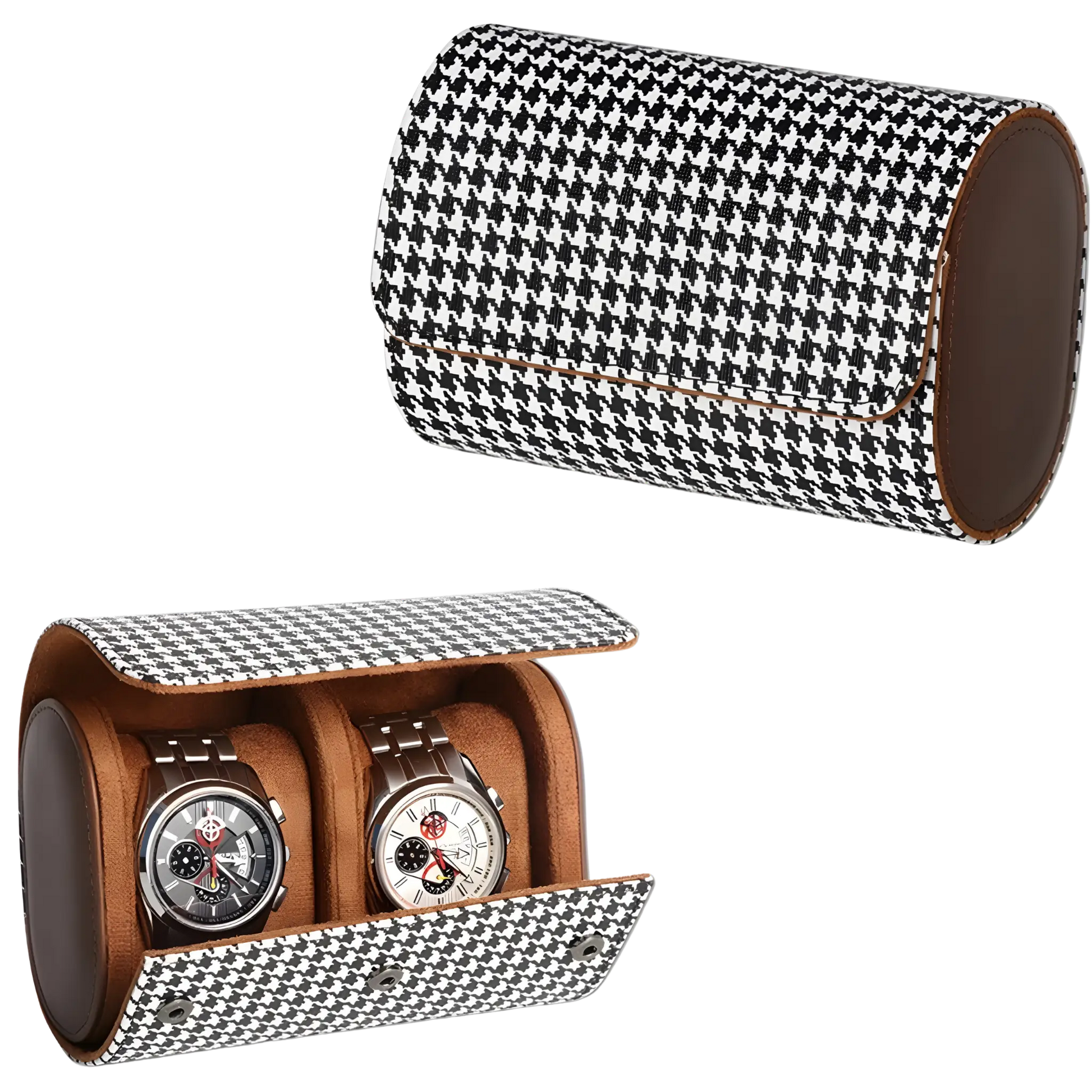 Watch roll case with three watch cushions. Two watches in a houndstooth patterned watch case on a white background