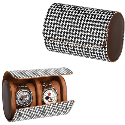 Watch roll case with three watch cushions. Two watches in a houndstooth patterned watch case on a white background