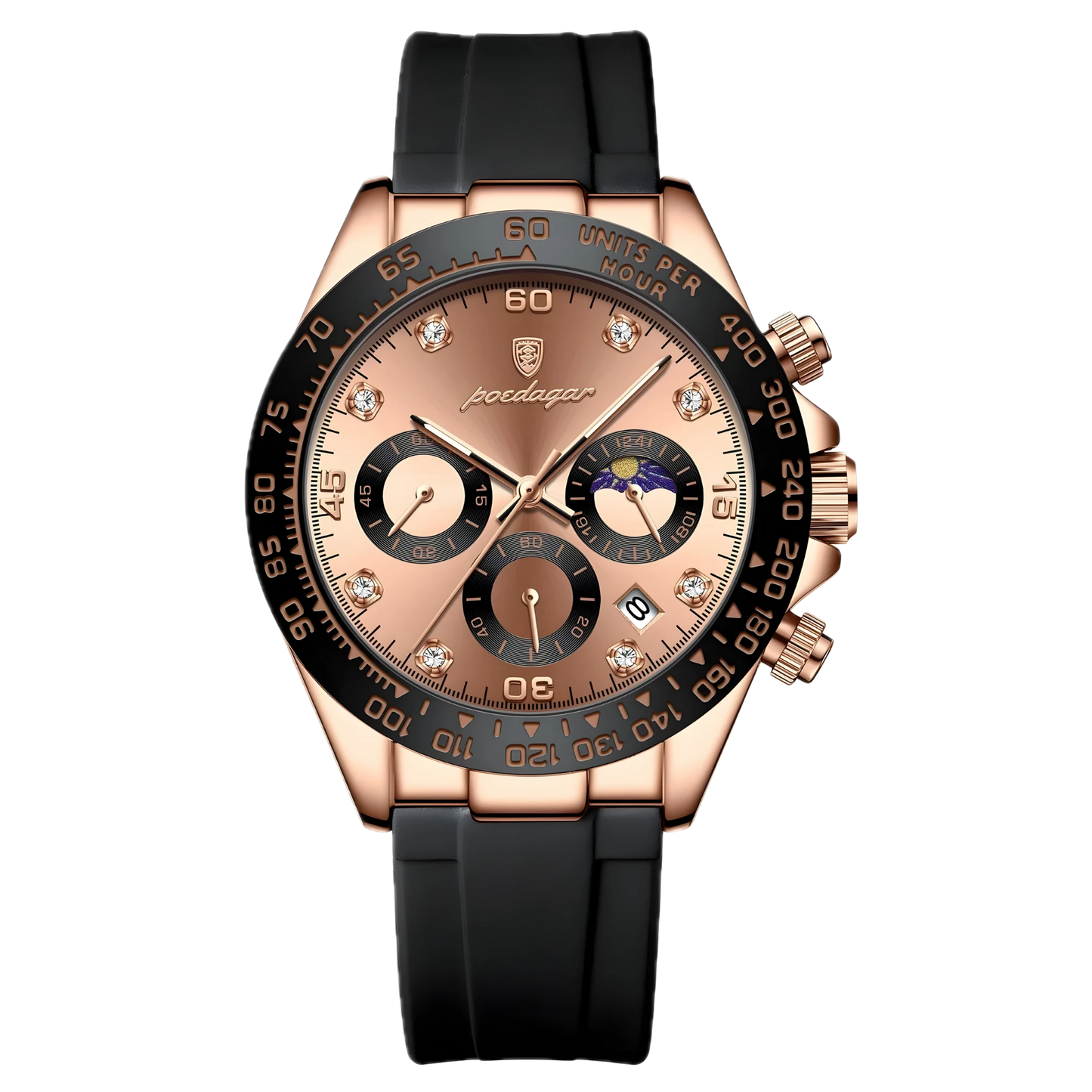 Poedagar Monza Sport rose gold chronograph watch with rose sunray dial, diamond-style hour markers and black rubber strap. Luxury watch with rose gold case and black strap on a white background