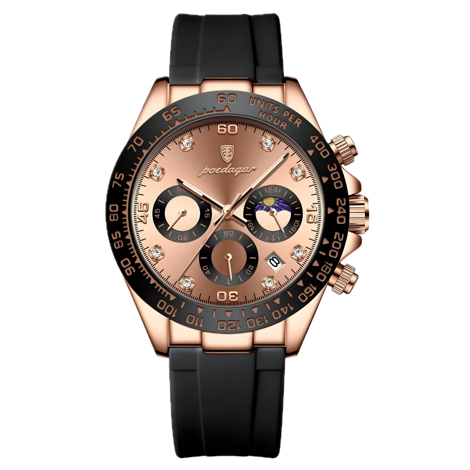 Poedagar Monza Sport rose gold chronograph watch with rose sunray dial, diamond-style hour markers and black rubber strap. Luxury watch with rose gold case and black strap on a white background