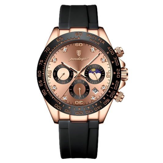 Poedagar Monza Sport rose gold chronograph watch with rose sunray dial, diamond-style hour markers and black rubber strap. Luxury watch with rose gold case and black strap on a white background
