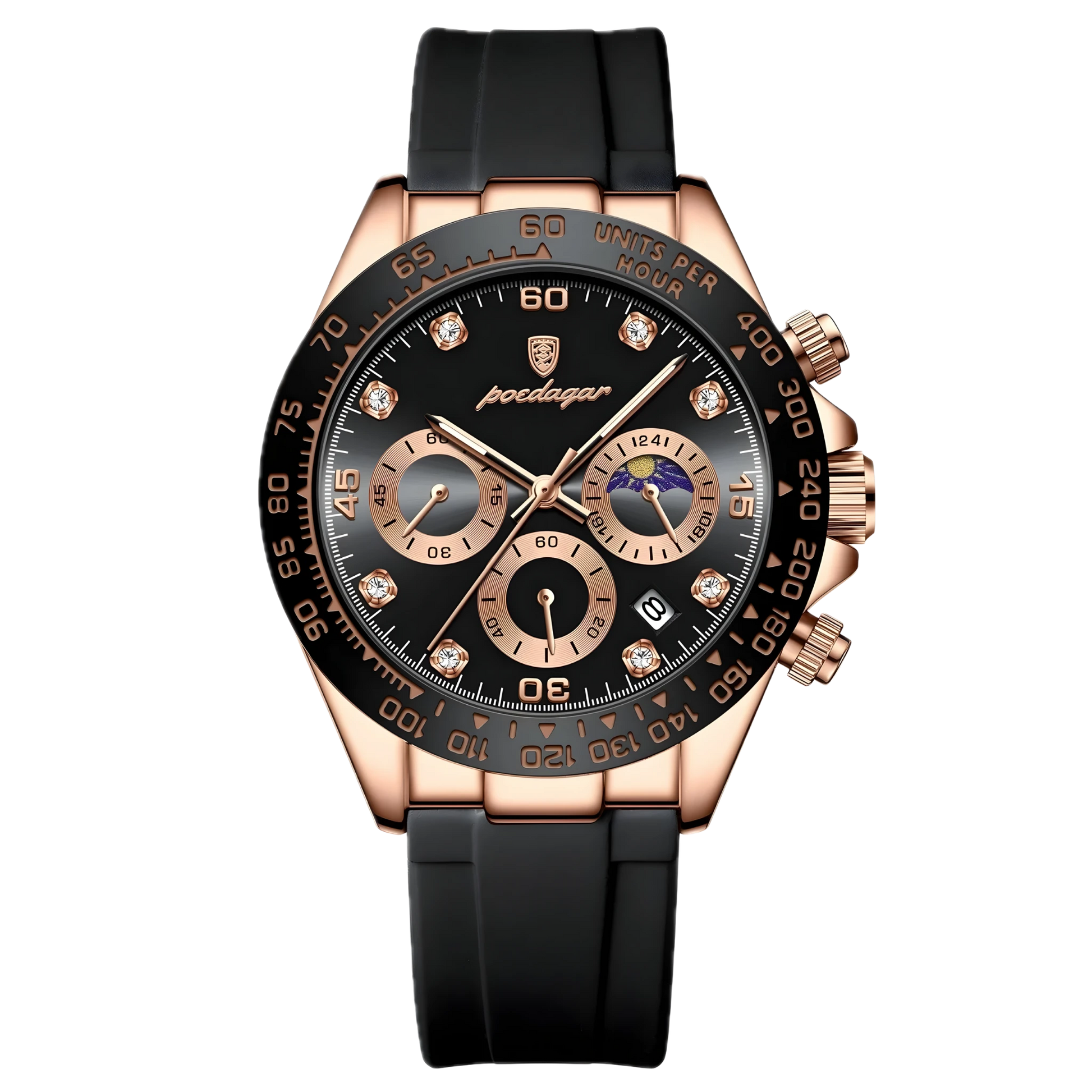 Poedagar Monza Sport rose gold chronograph watch with black dial, rose sub-dials and black silicone strap. Luxury watch with black strap and rose gold case on white background