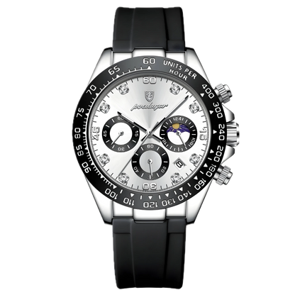 Poedagar Monza Sport silver and white chronograph watch with panda-style dial, black sub-dials and black rubber strap. Luxury watch with black strap and silver dial on a white background