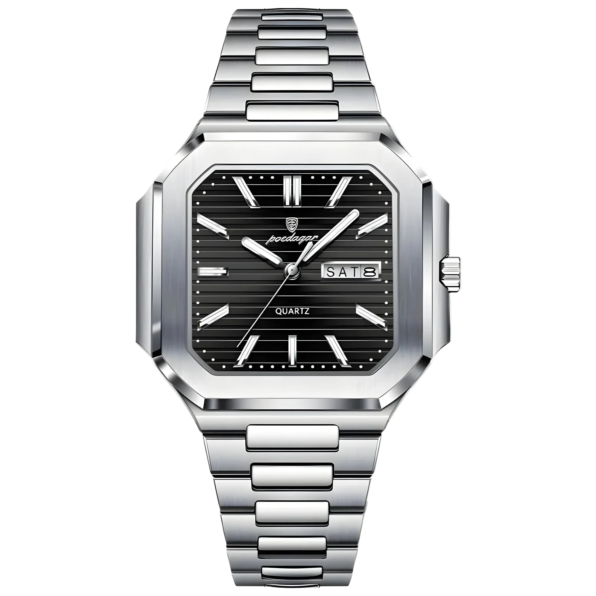 Poedagar Dumont square stainless steel men’s watch with black textured dial, day-date display and integrated bracelet. Silver watch with black dial