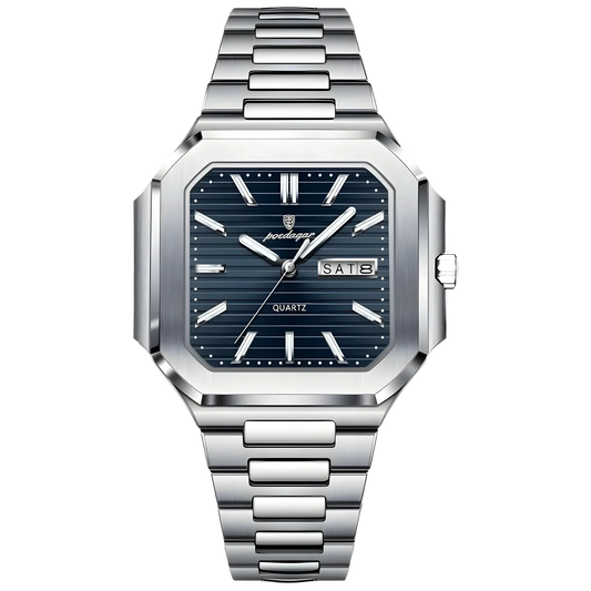 Poedagar Dumont square stainless steel men’s watch with blue textured dial, day-date display and integrated bracelet. Silver watch with blue face