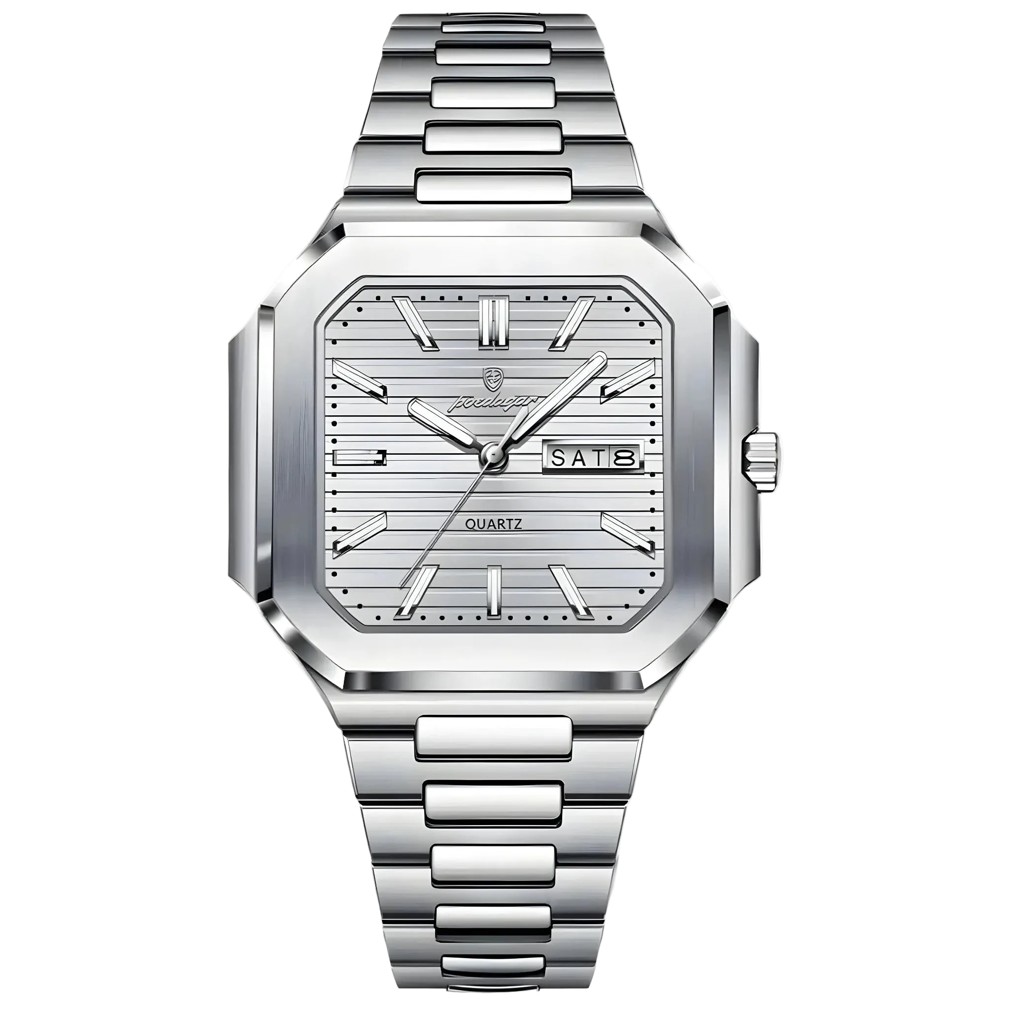 Poedagar Dumont square stainless steel men’s watch with silver textured dial, day-date display and integrated bracelet. Silver wristwatch with a detailed face