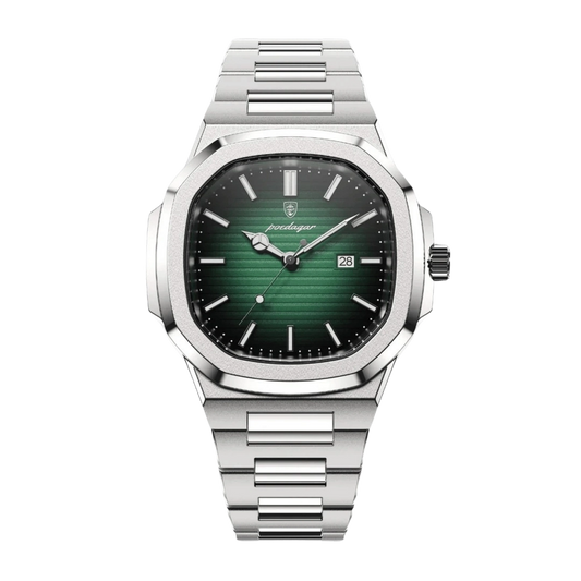 Silver watch with a green face on a white background