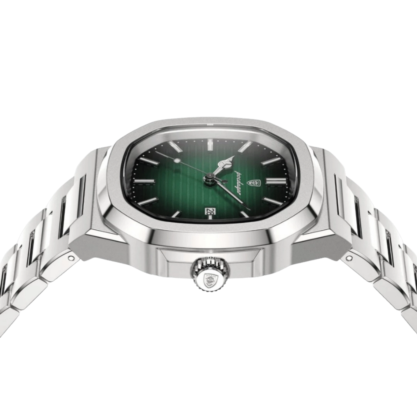 Silver watch with a green face on a white background