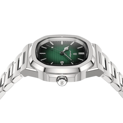 Silver watch with a green face on a white background