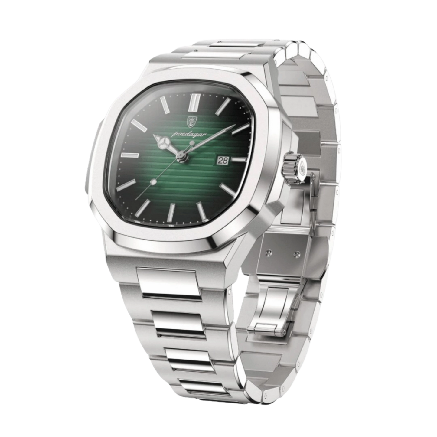 Silver watch with a green face on a white background