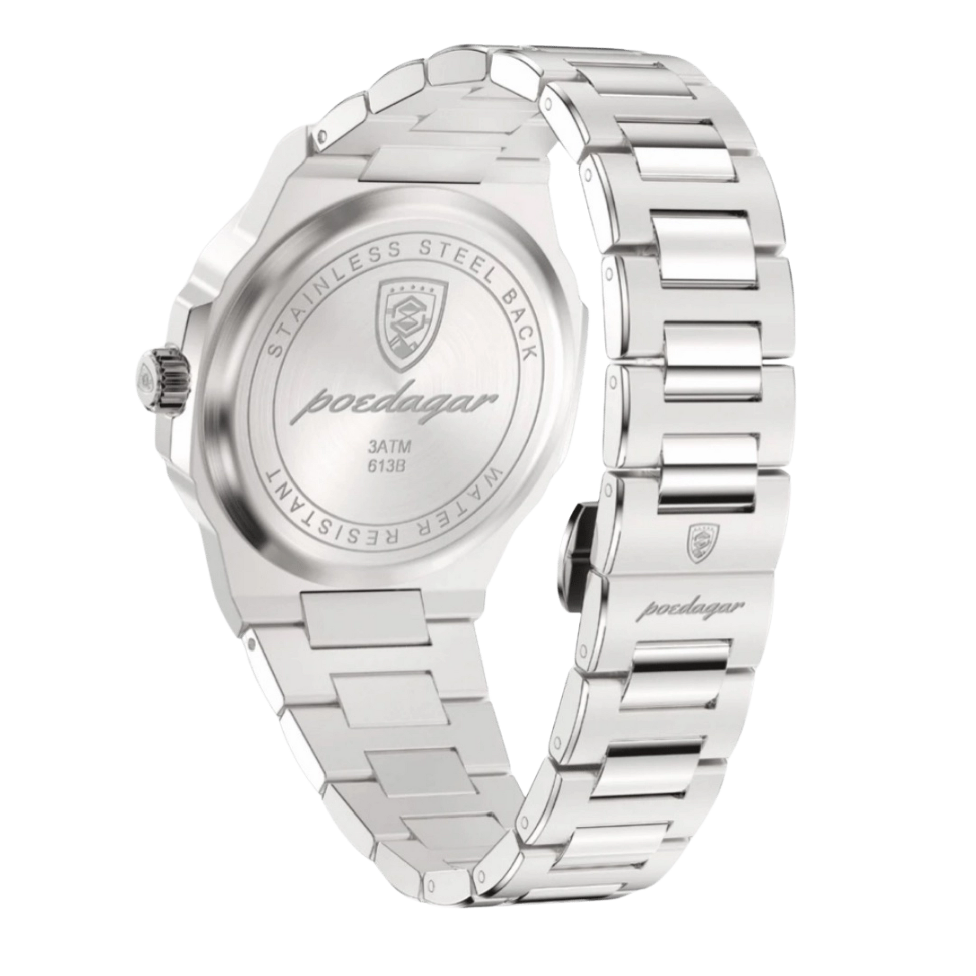 Silver watch with a detailed back plate on a white background