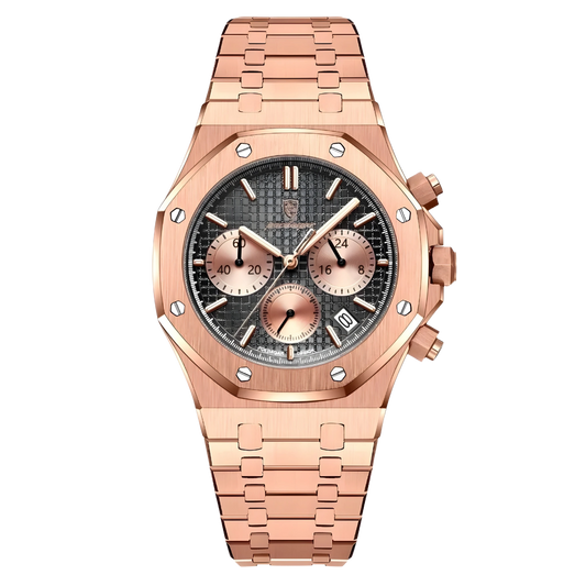 Rose gold watch with a detailed face on a white background
