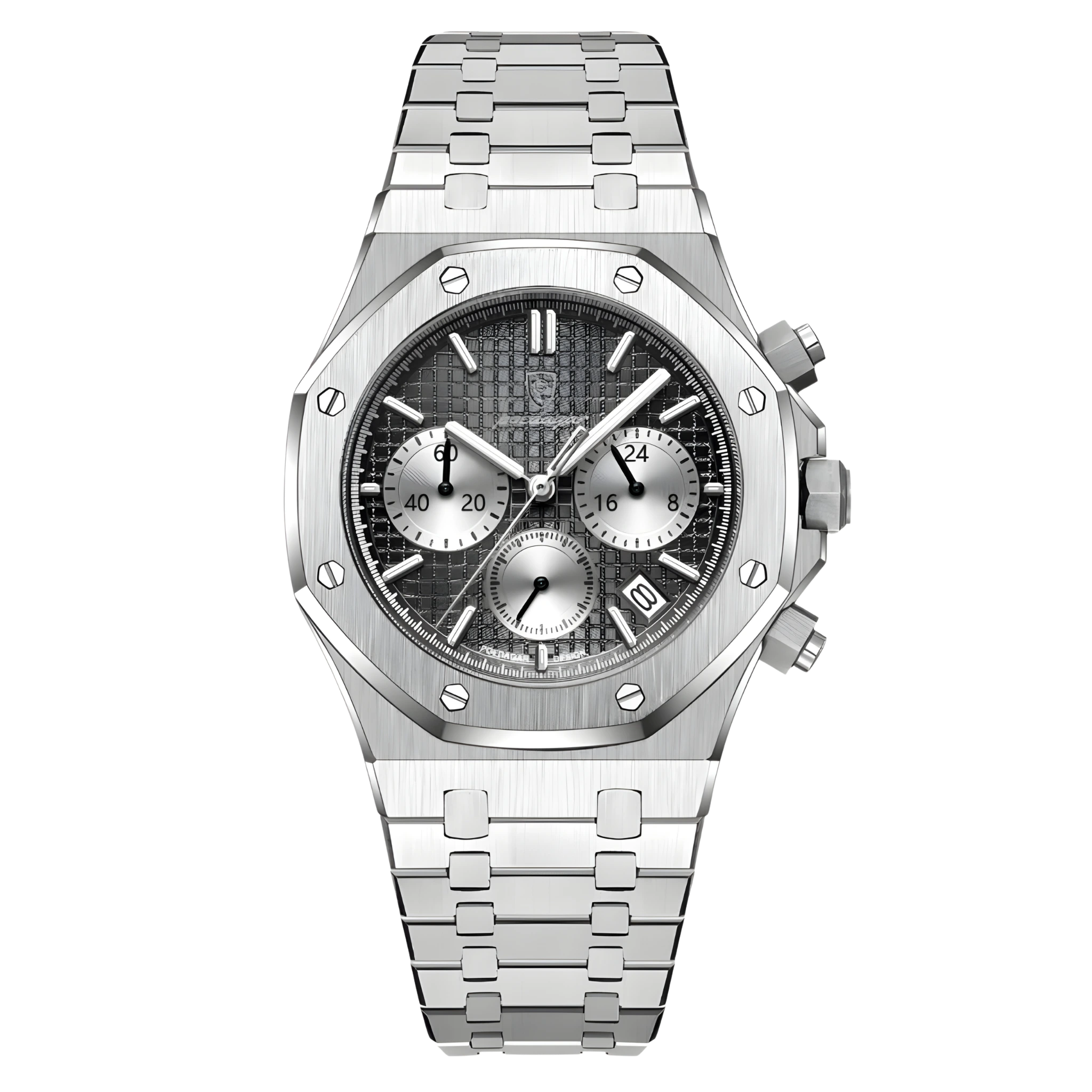 Silver watch with a detailed face on a white background