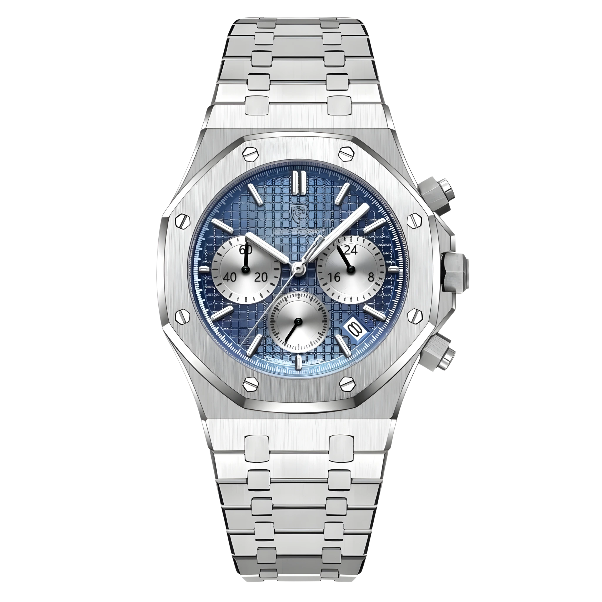 Silver watch with a blue face on a white background