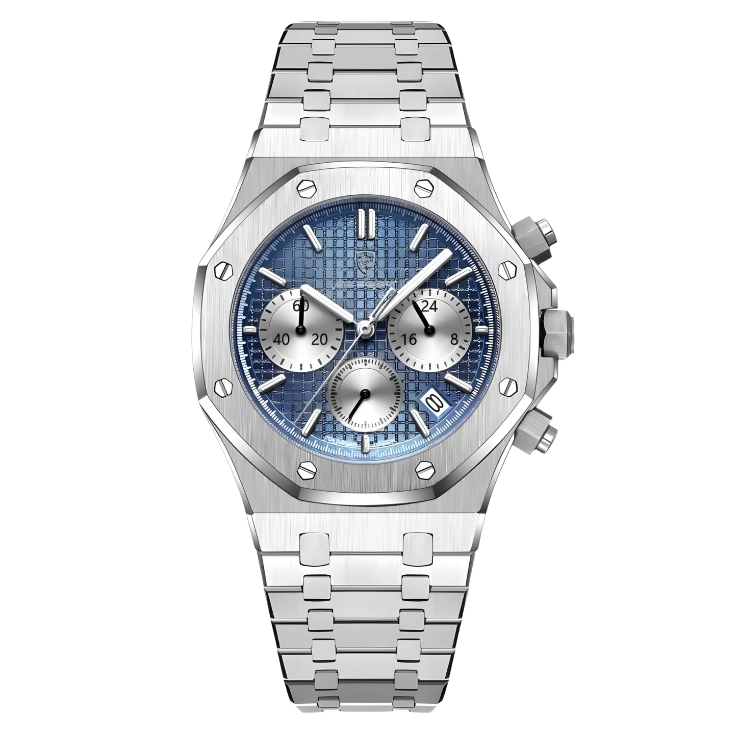 Silver watch with a blue face on a white background