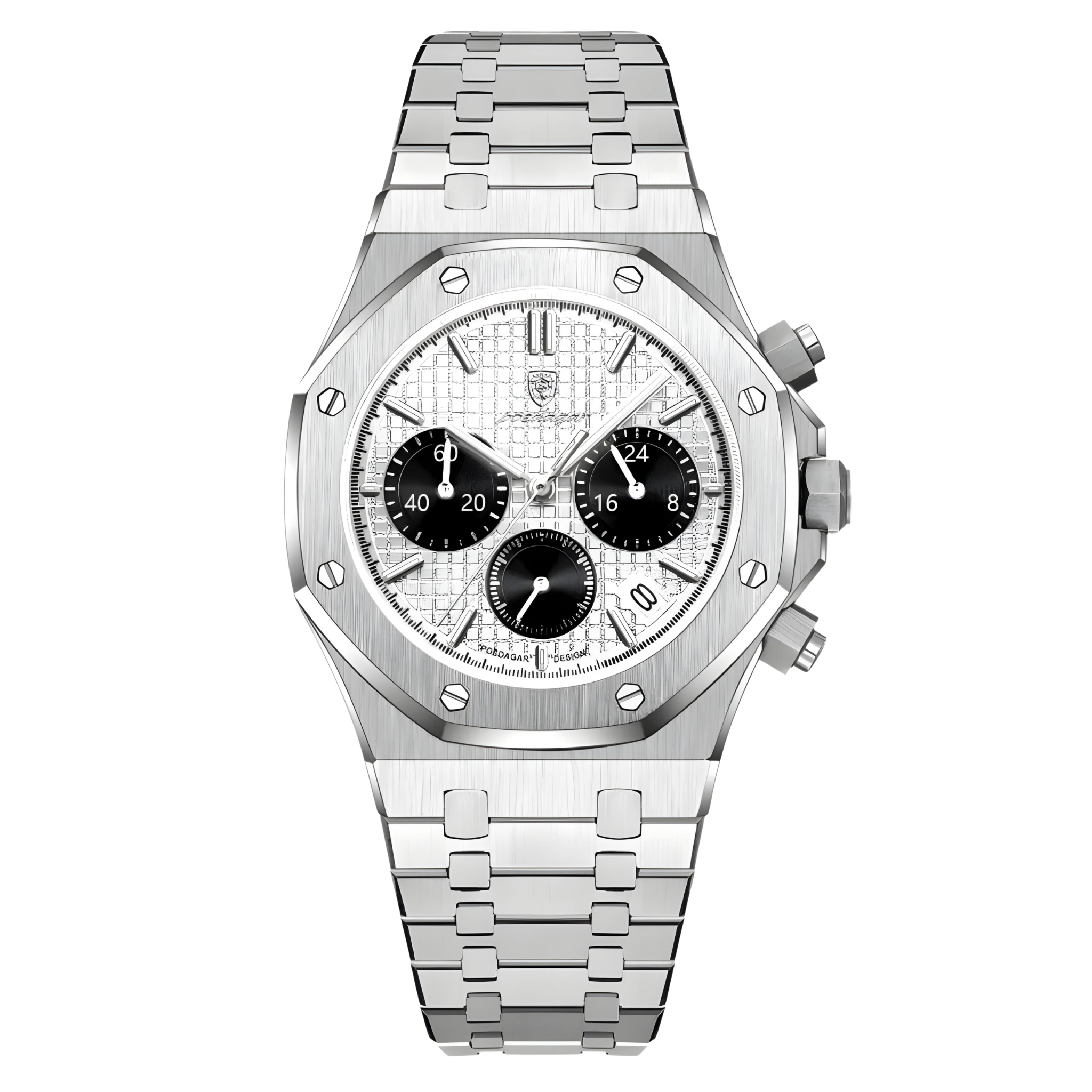 Silver watch with a detailed face on a white background