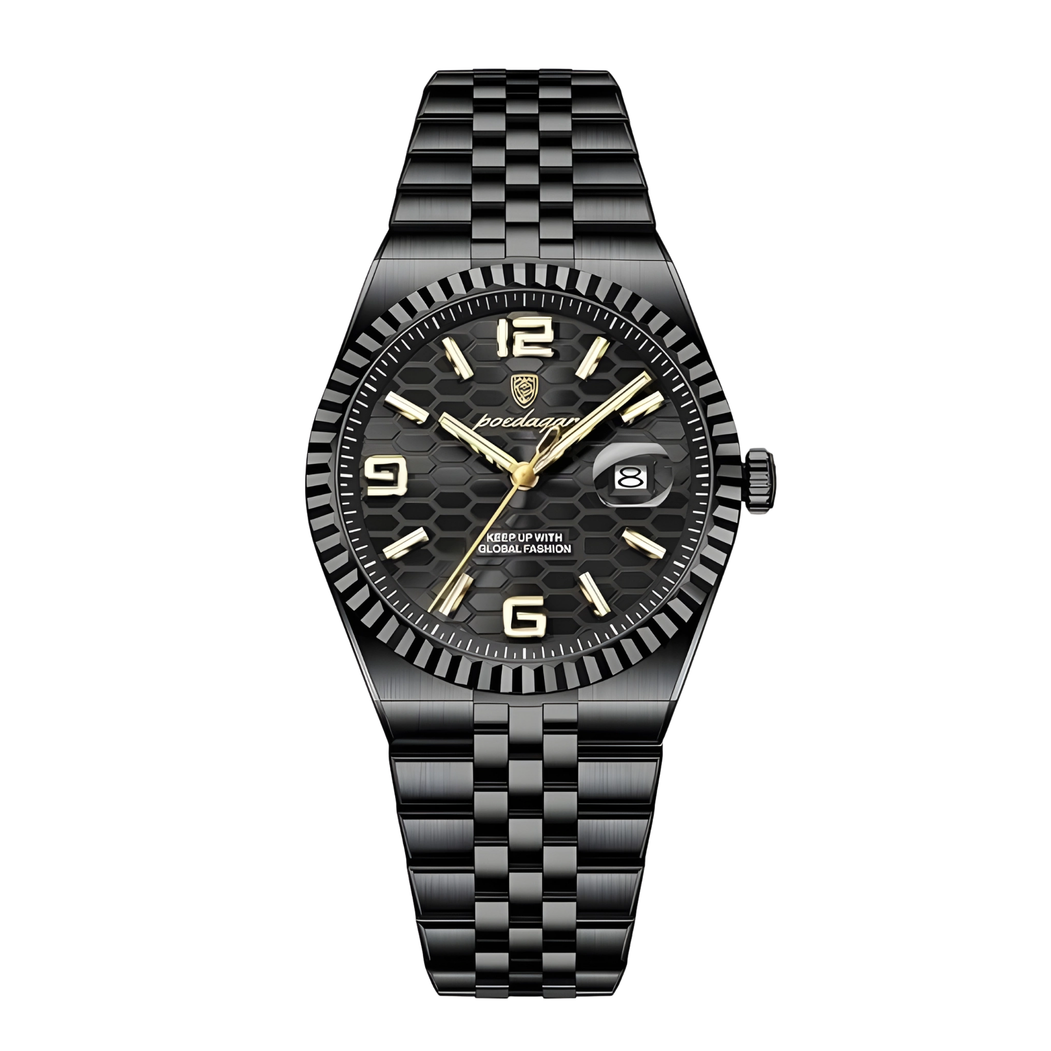 Black watch with gold accents on a white background