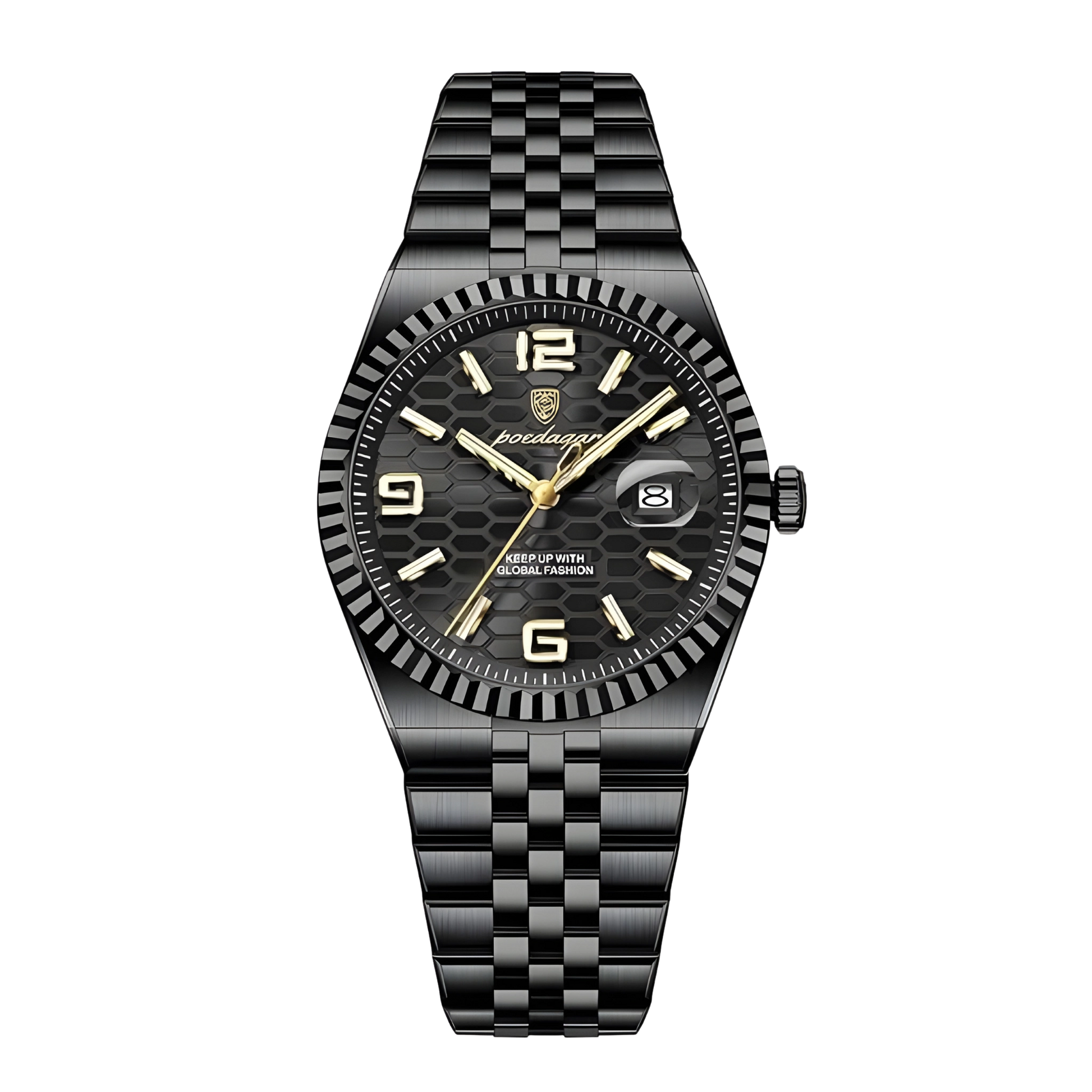 Black watch with gold accents on a white background