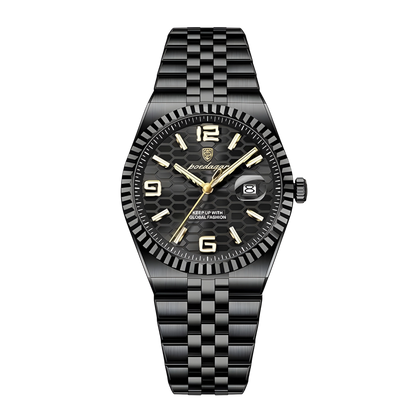 Black watch with gold accents on a white background