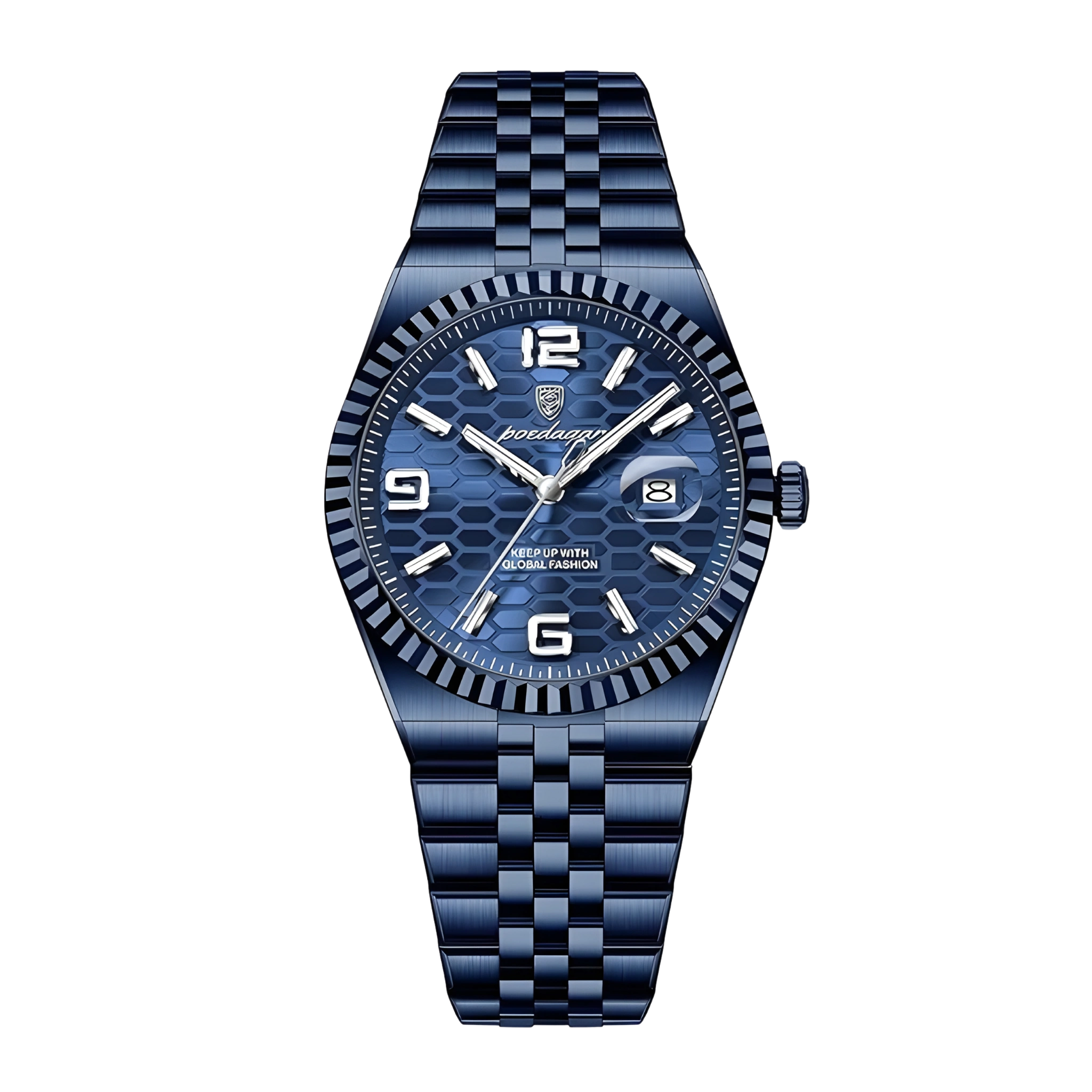 Blue watch with a checkered pattern on a white background