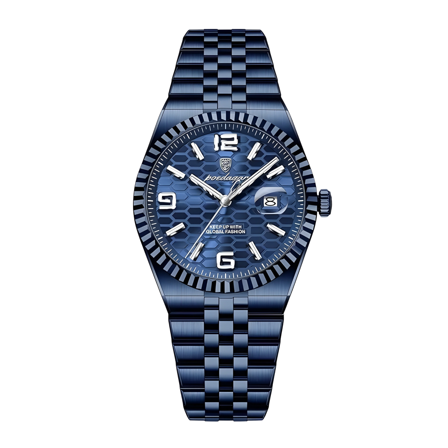 Blue watch with a checkered pattern on a white background