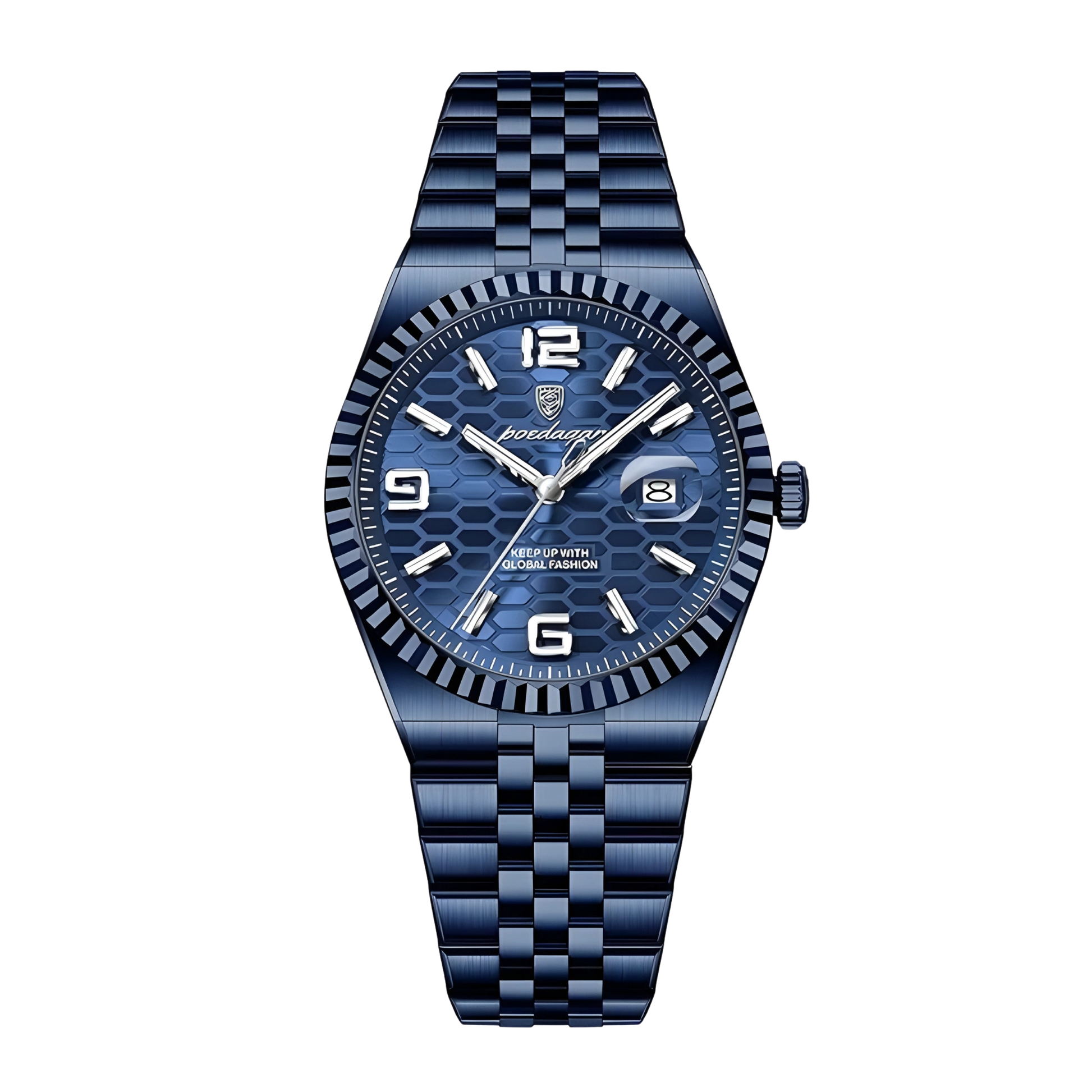 Blue watch with a checkered pattern on a white background