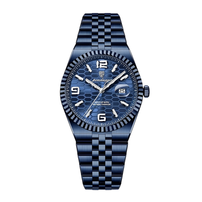 Blue watch with a checkered pattern on a white background