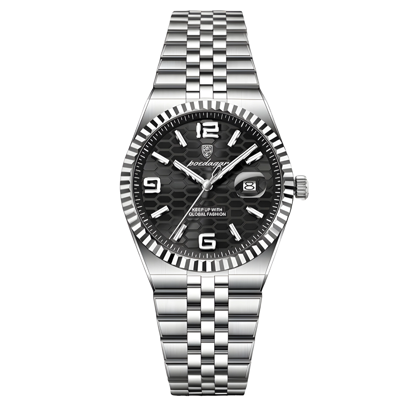 Silver watch with black dial on a white background