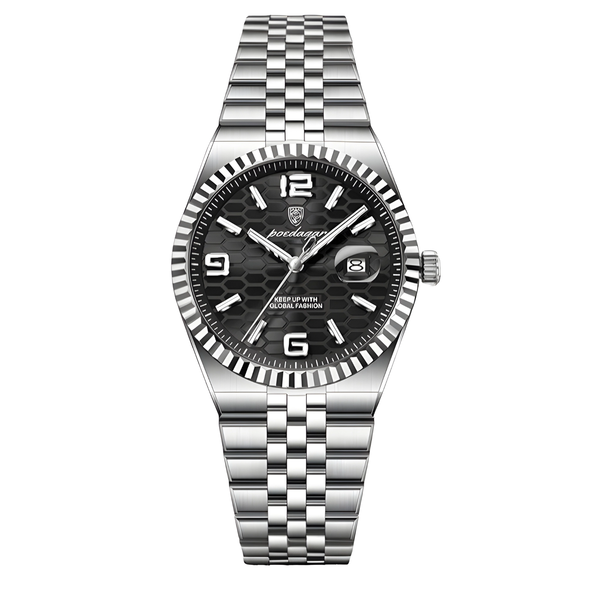 Silver watch with black dial on a white background