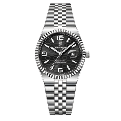 Silver watch with black dial on a white background