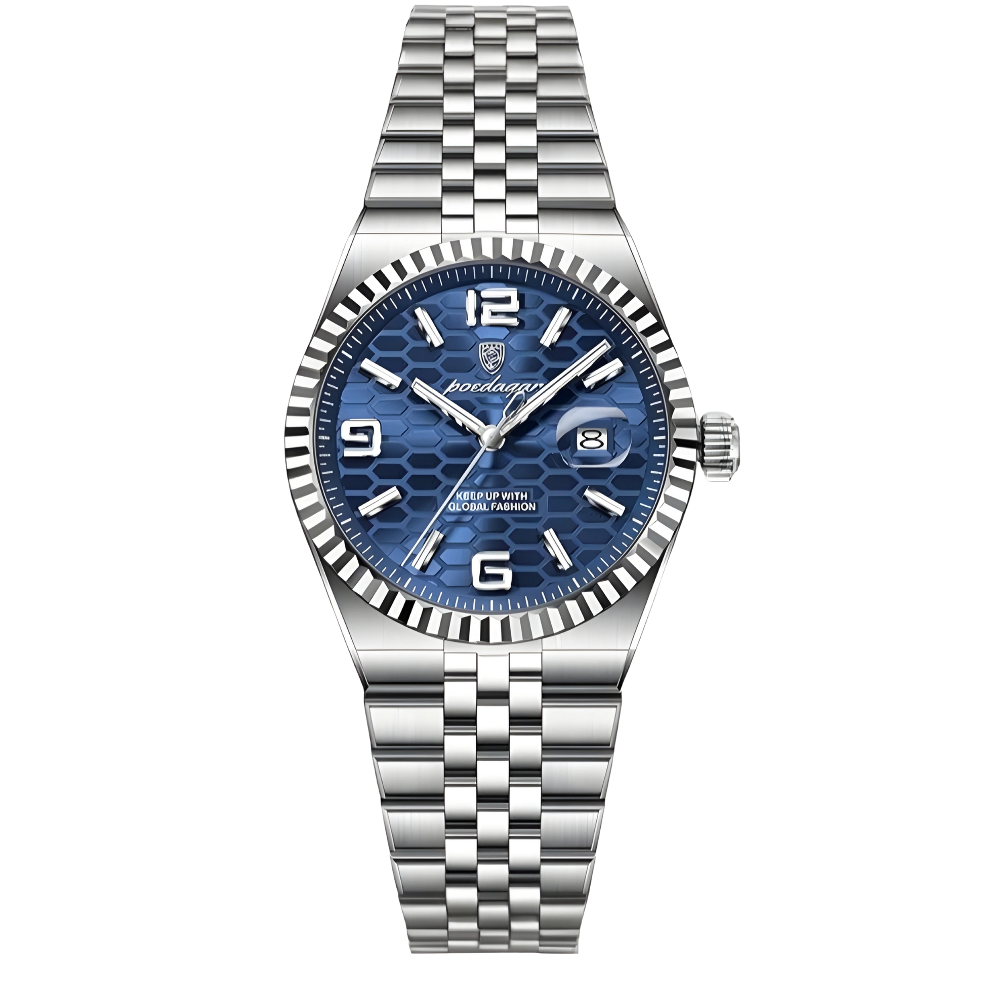 Silver watch with blue dial on a white background