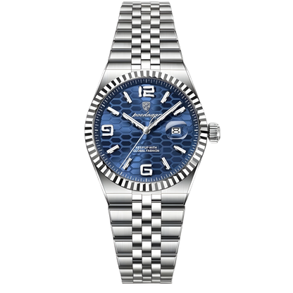 Silver watch with blue dial on a white background