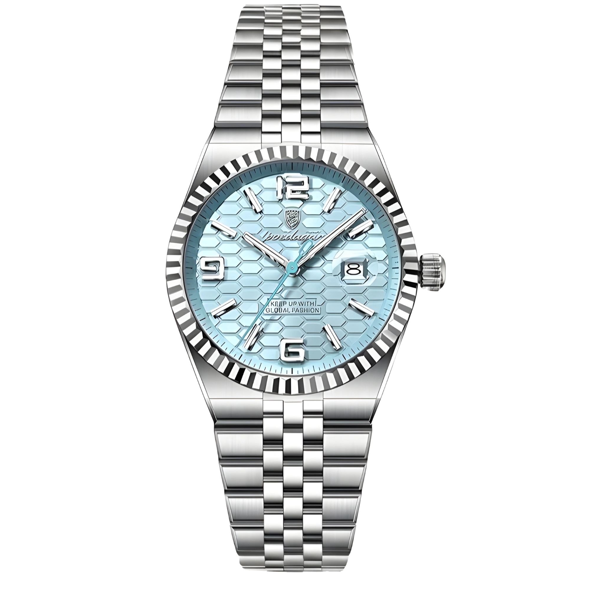 Silver watch with a light blue face on a white background