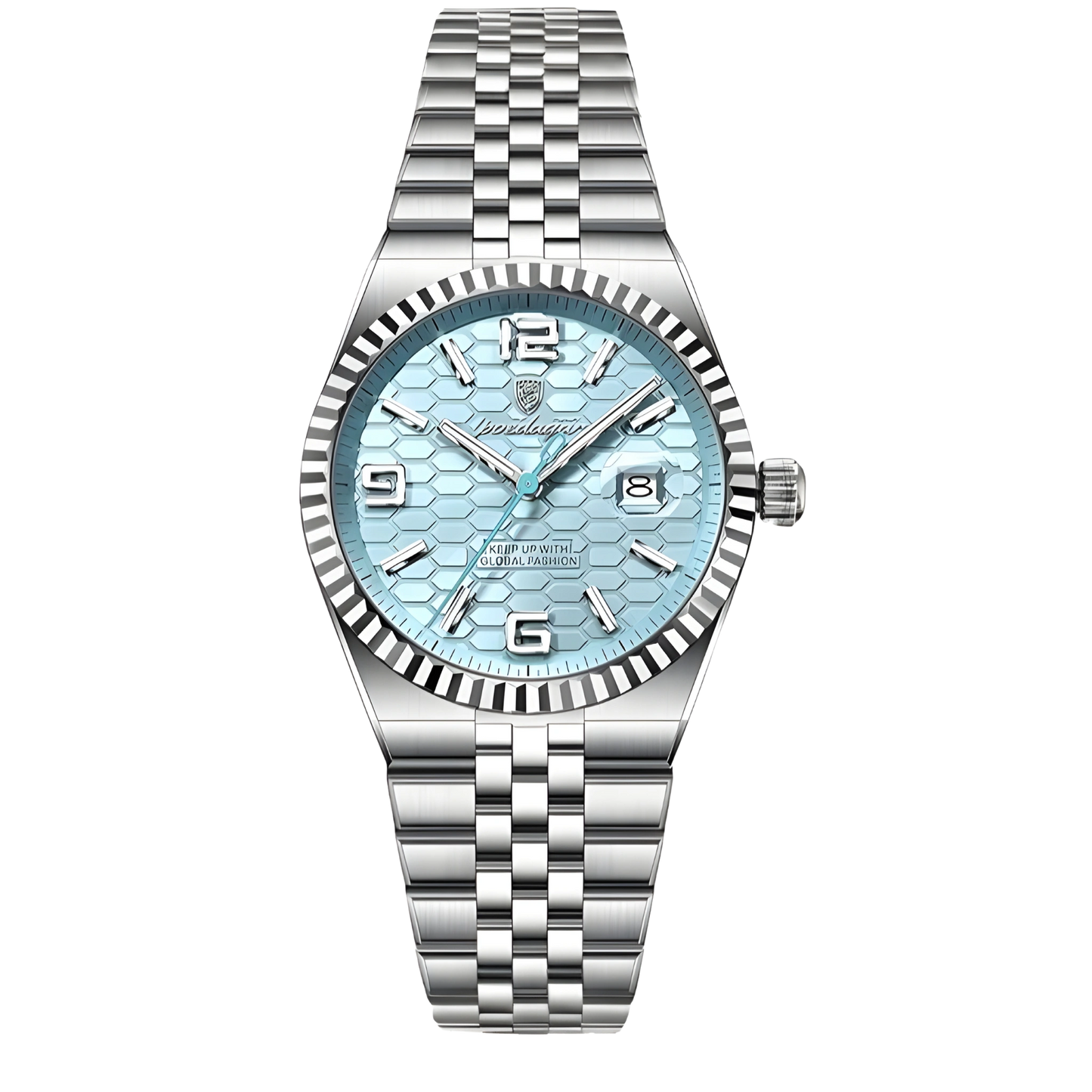 Silver watch with a light blue face on a white background