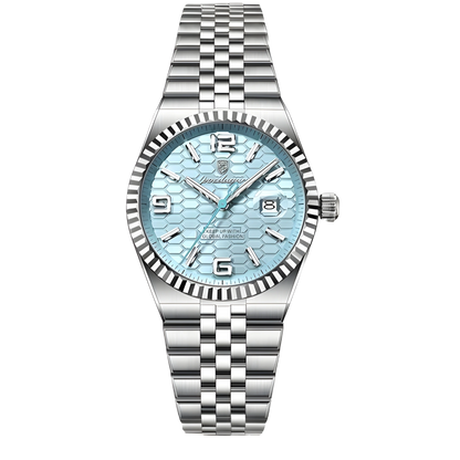 Silver watch with a light blue face on a white background