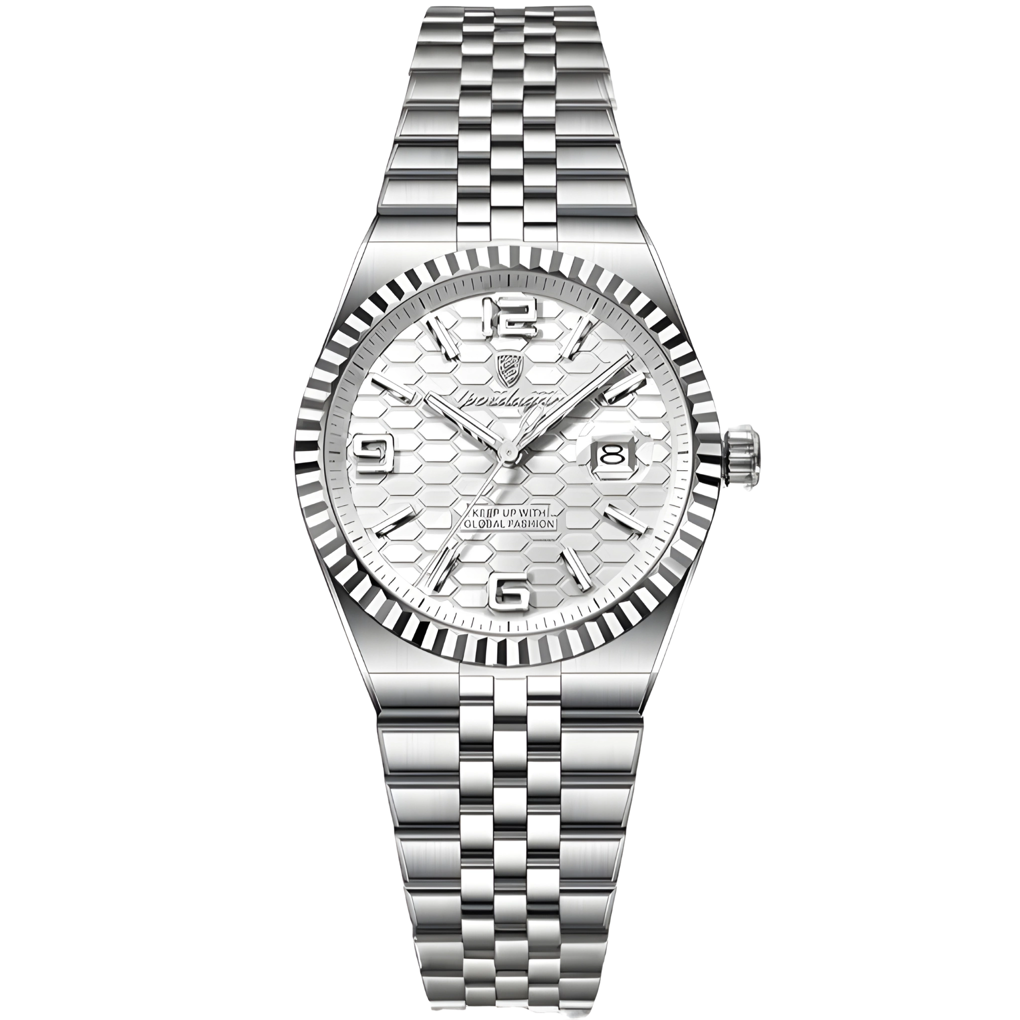 Silver watch with a detailed face on a white background