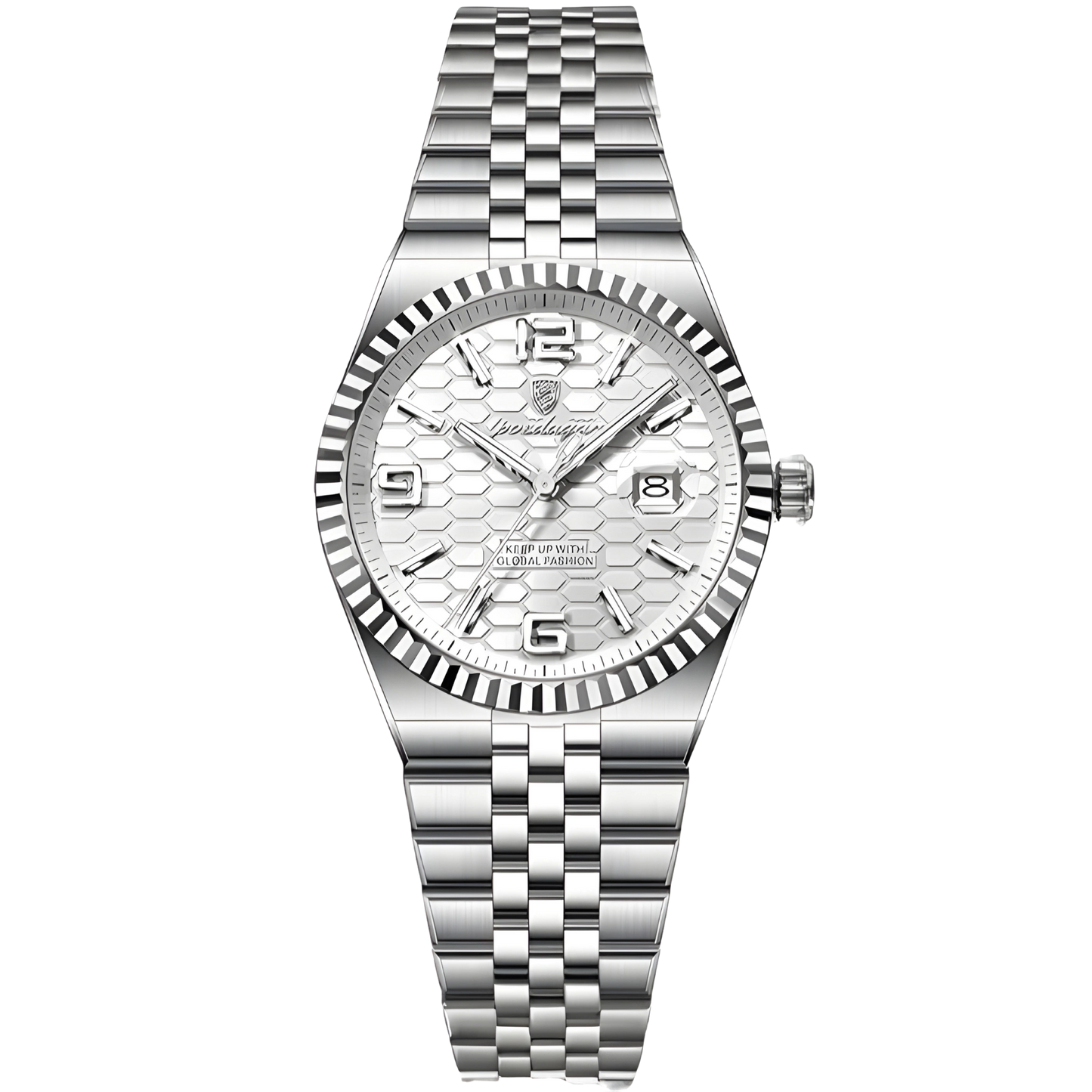 Silver watch with a detailed face on a white background