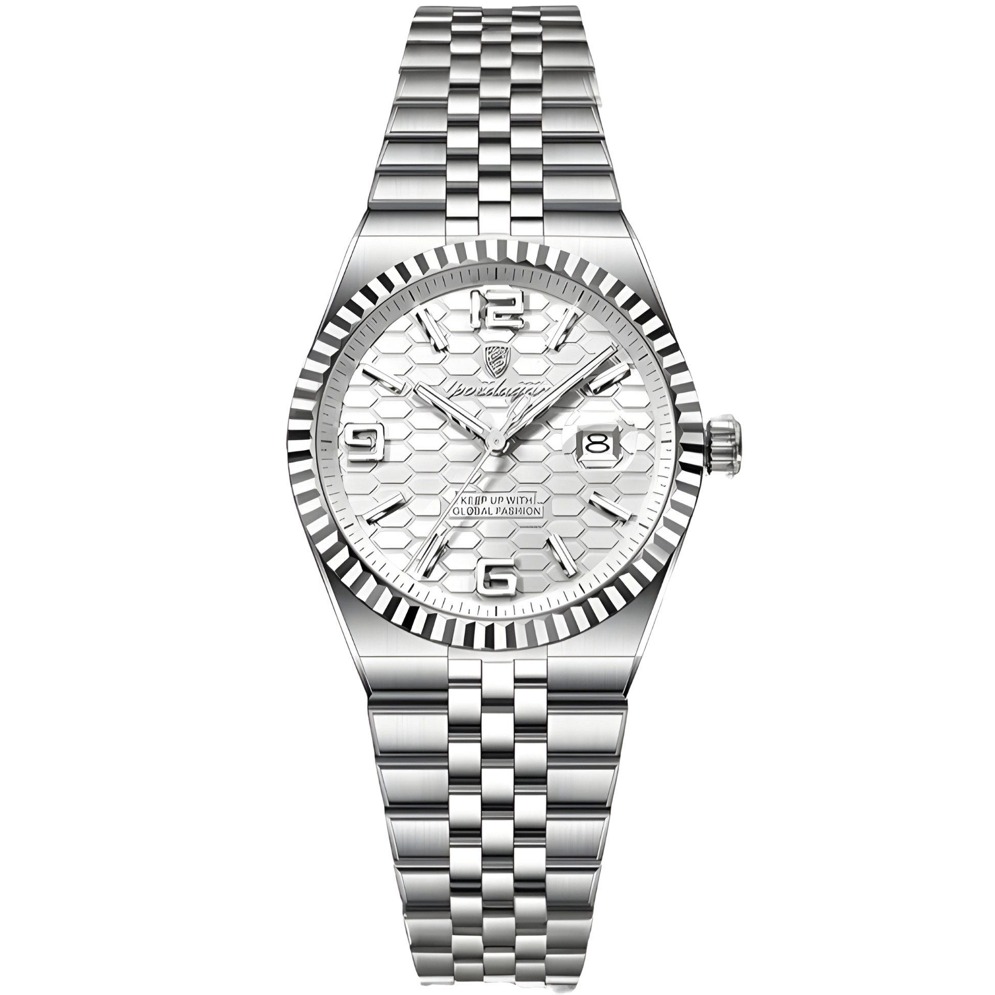 Silver watch with a detailed face on a white background