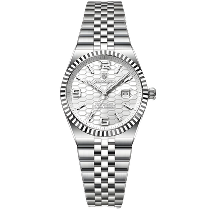 Silver watch with a detailed face on a white background