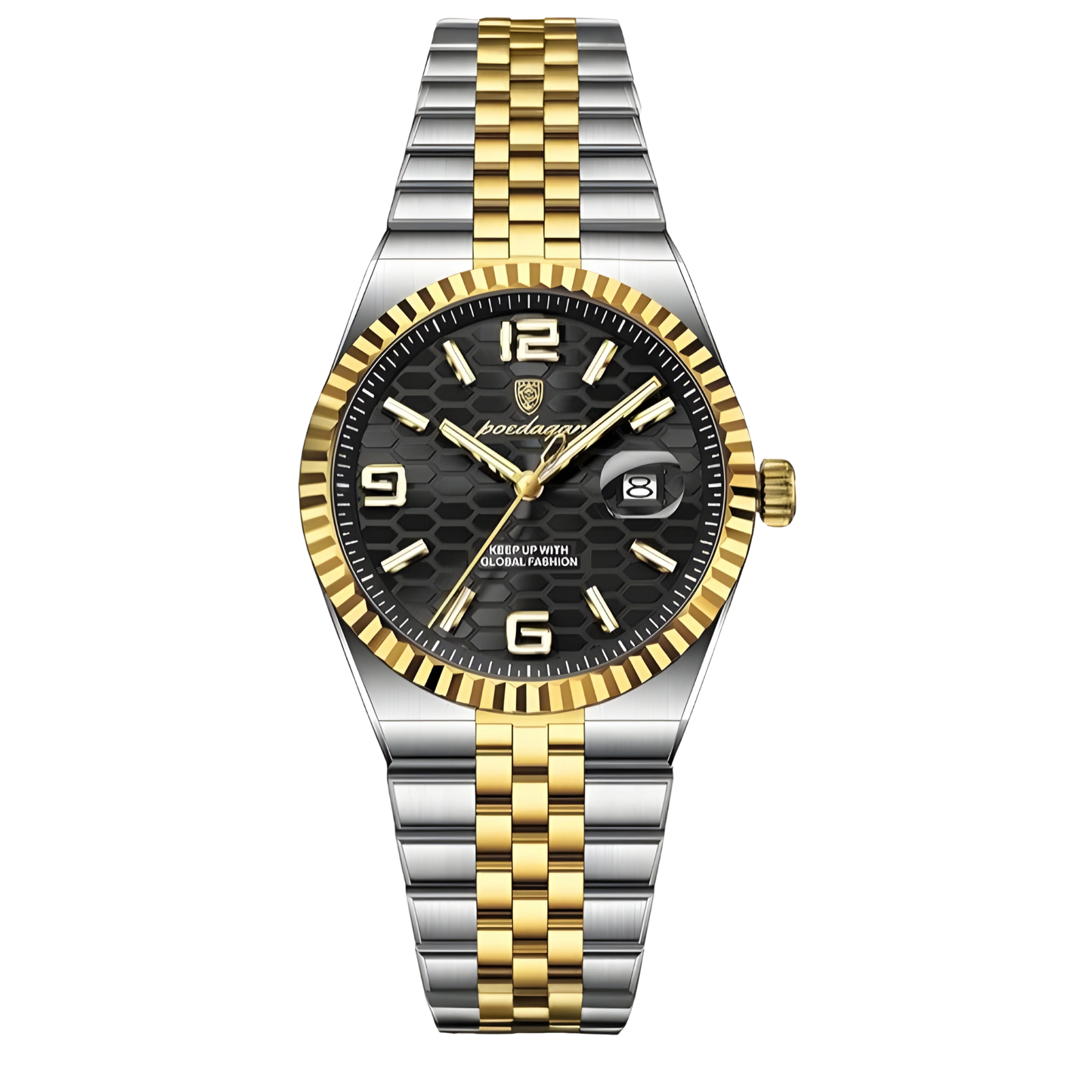 Two-tone silver and gold watch with black dial on a white background