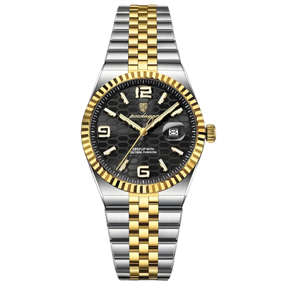 Two-tone silver and gold watch with black dial on a white background